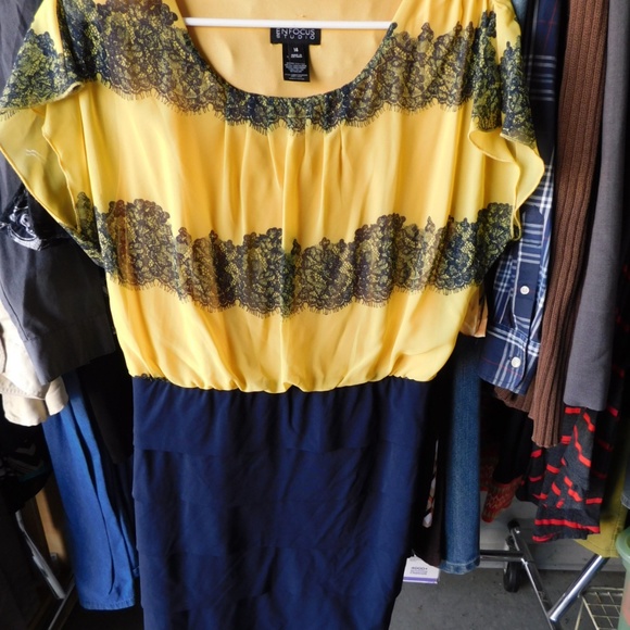 Dress Blousy Yellow, Navy Fitted Pencil skirt bottom Dress Size 14 - Picture 1 of 4